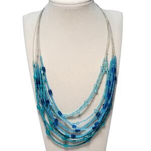 Dainty Multi Strand Blue Seed Bead Necklace 14"